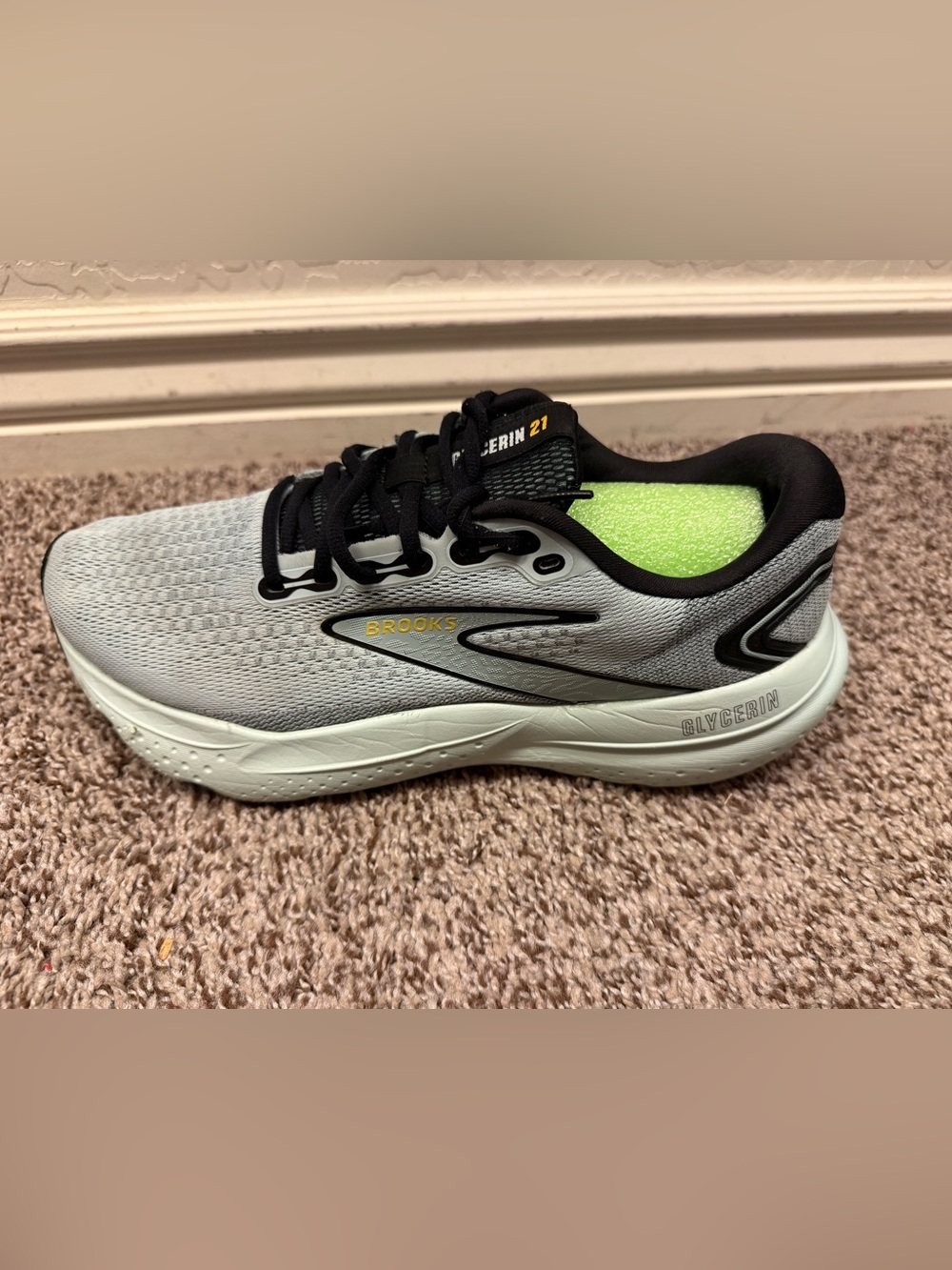 Brooks Glycerin 21 Men’s Running Shoes - Light Gray with Lime Green Accents